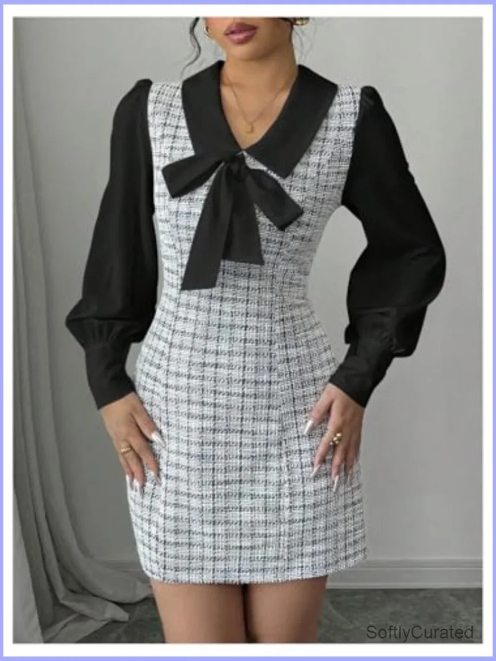 Elegant Plaid Tweed Dress Bow Front Lantern Long Sleeve 2 in 1 Mini - Picture 5 of 6